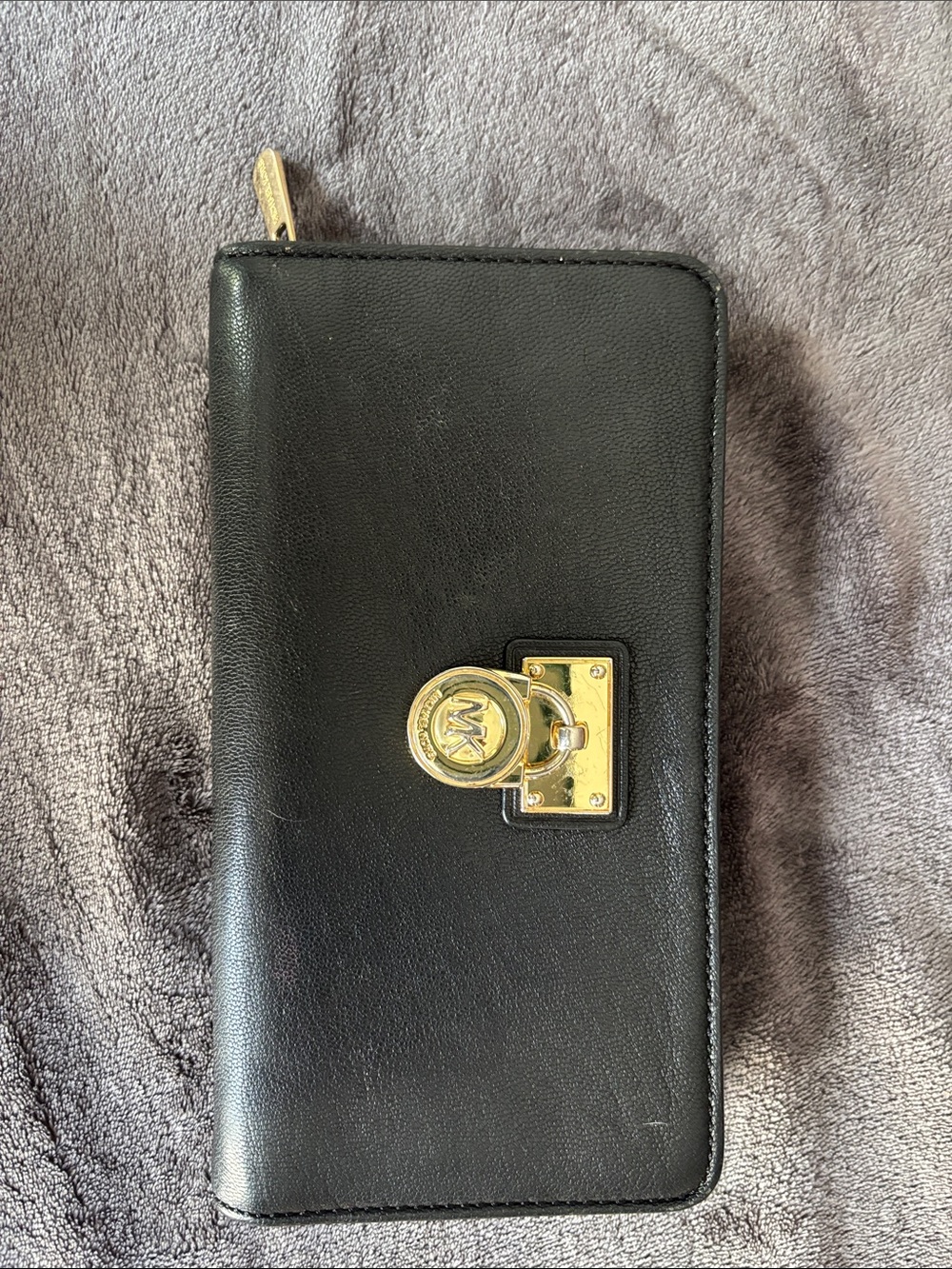 Michael Kors Black Leather Wallet with Gold Turnlock Accent